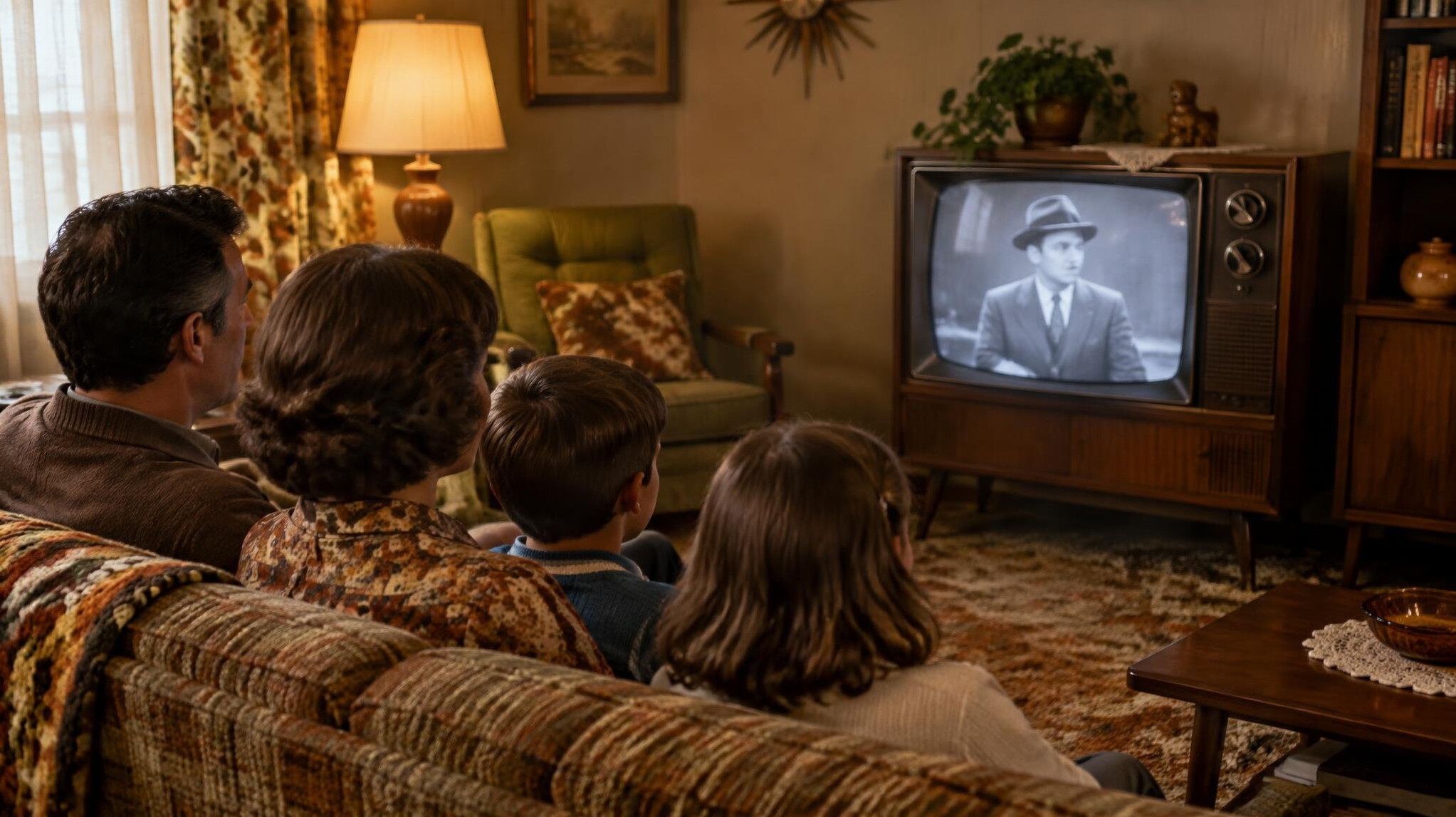 family watching old television