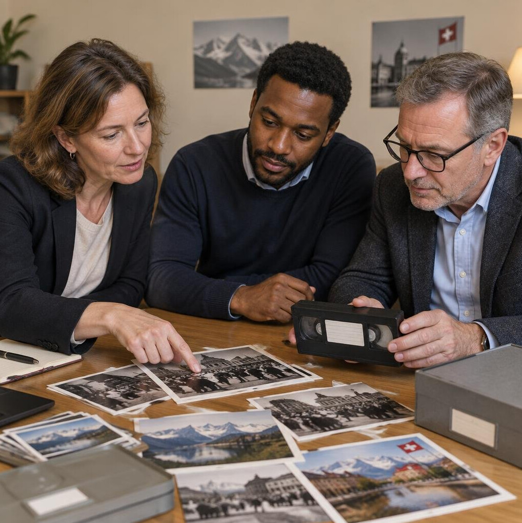 Diverse editorial team of journalists reviewing archive footage together